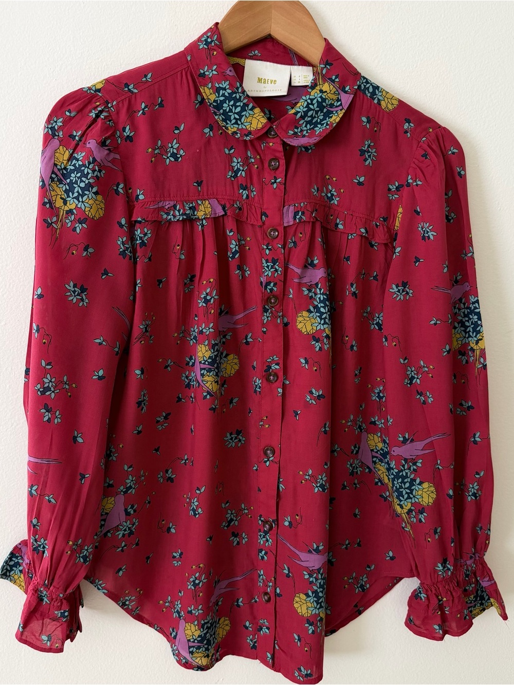 Like New, Anthropologie Maeve Women's 
Fredericka Button Down Red Floral
Bird Bl